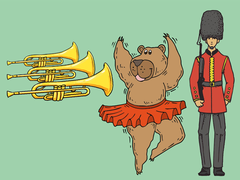 Trumpeter, garder og en dansende bjørn