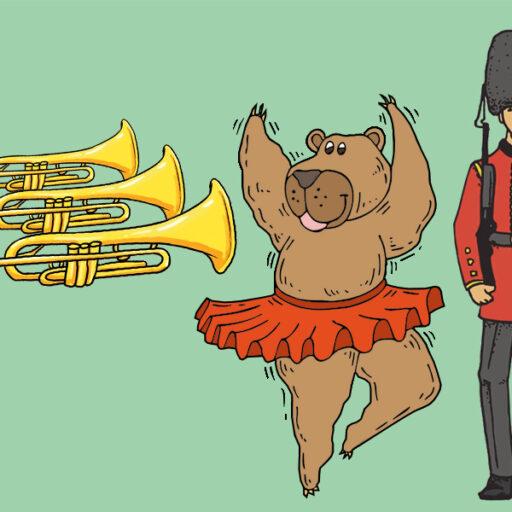 Tegning af trompeter, dansende bjørn og livgarden