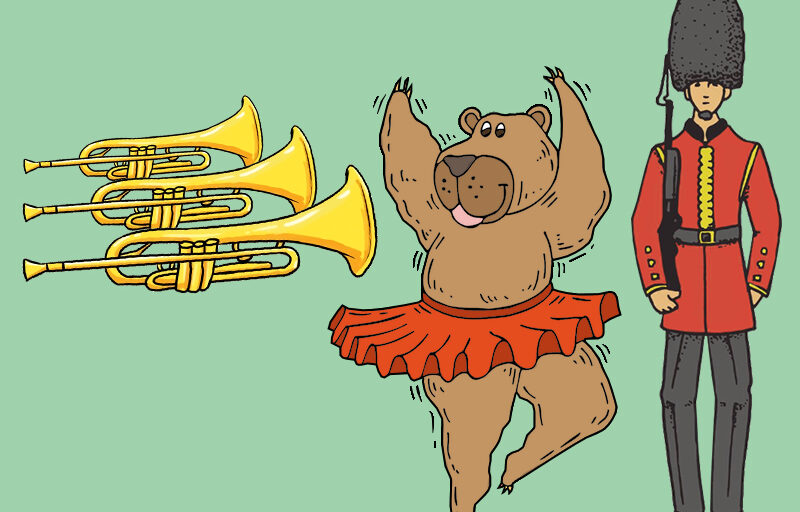 Tegning af trompeter, dansende bjørn og livgarden