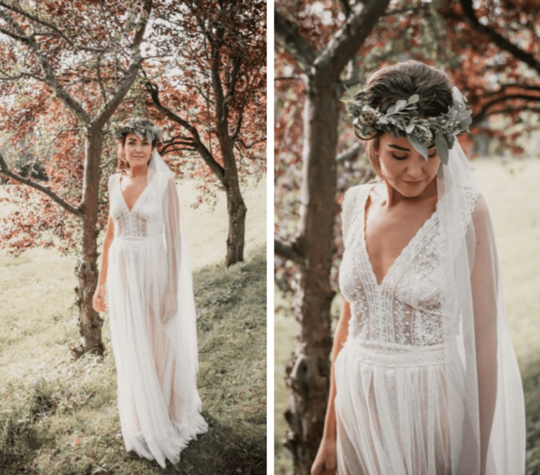 Ann i brudekjole foran træer